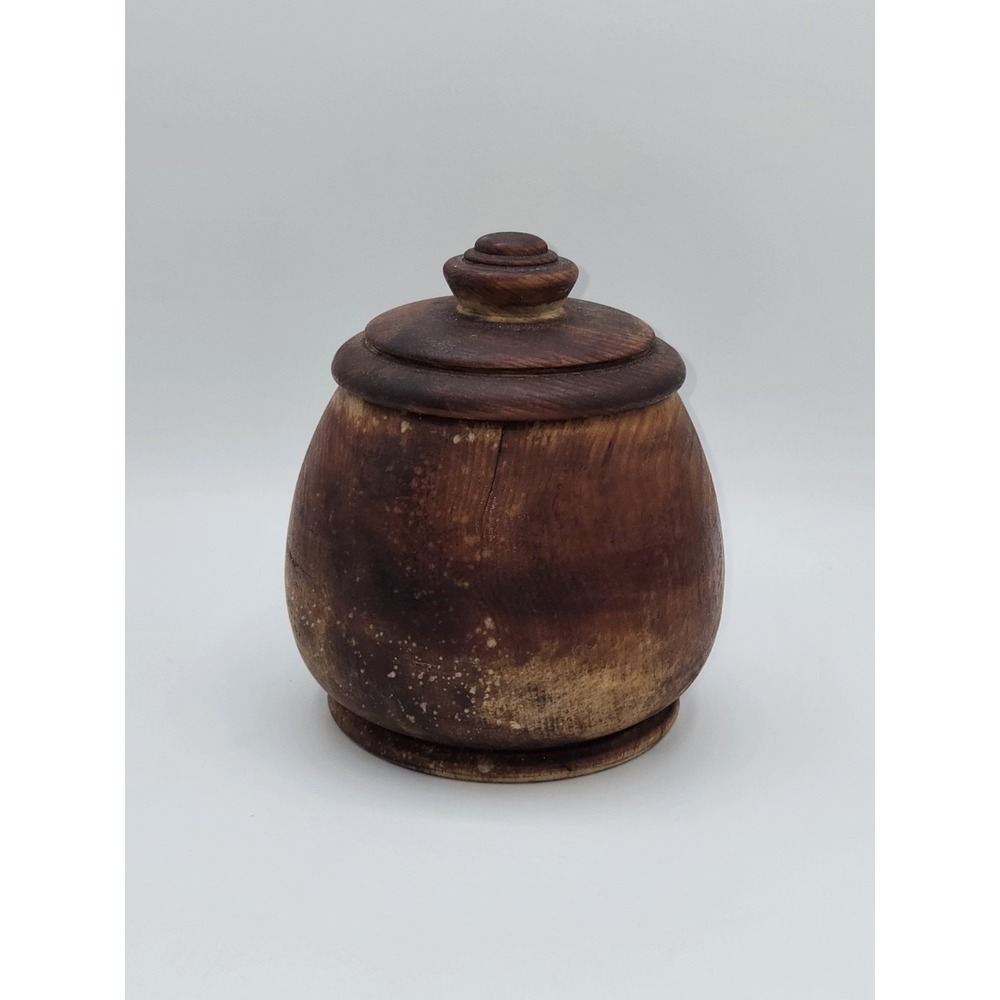Vintage Hand Turned Wood Lidded Pot‎ Bowl Rustic Wooden Container 5.5"